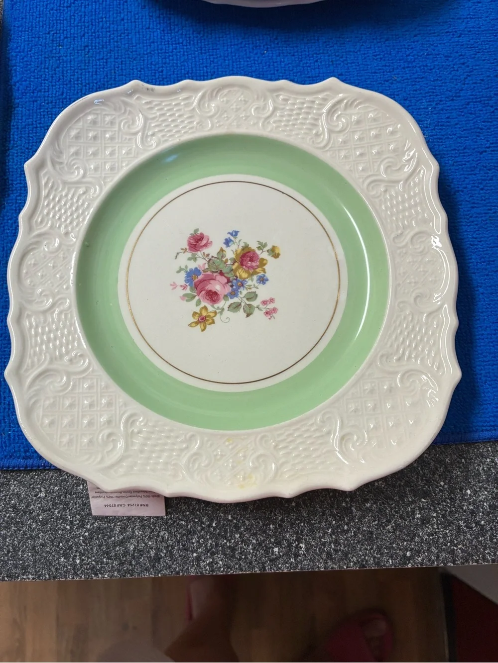 Decorative Floral Ceramic Dinner Plate with Mint Green Center